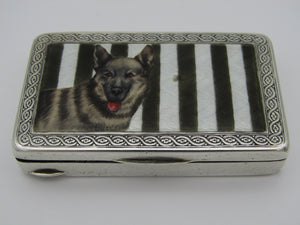 German silver snuff box with enameled lid of a German Shepherd dog.